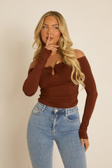 Brown Bead Trim Long Sleeve Top - Verity