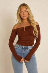 Brown Bead Trim Long Sleeve Top - Verity