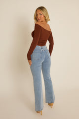 Brown Bead Trim Long Sleeve Top - Verity