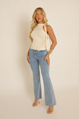 Cream Tie Neck Jersey Top - Davina