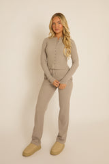 Dove Grey Button Front Long Sleeve Top and Trouser Loungewear Co-ord Set - Izzabelle