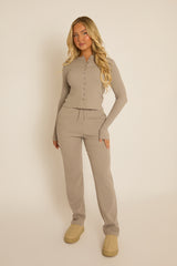 Dove Grey Button Front Long Sleeve Top and Trouser Loungewear Co-ord Set - Izzabelle