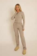 Dove Grey Button Front Long Sleeve Top and Trouser Loungewear Co-ord Set - Izzabelle