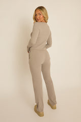 Dove Grey Button Front Long Sleeve Top and Trouser Loungewear Co-ord Set - Izzabelle