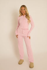 Pink Button Front Long Sleeve Top and Trouser Loungewear Co-ord Set - Izzabelle