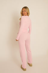 Pink Button Front Long Sleeve Top and Trouser Loungewear Co-ord Set - Izzabelle