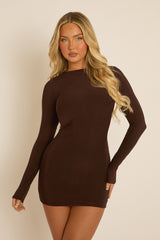 Chocolate Slinky Open Back Mini Dress - Alaina