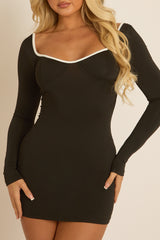 Black Contrast Long Sleeve Mini Dress - Cecily