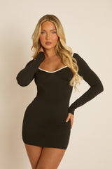 Black Contrast Long Sleeve Mini Dress - Cecily