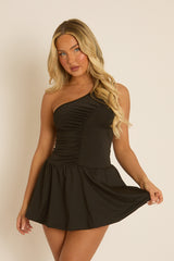 Black Ruched Front One Shoulder Mini Dress - Yvonne