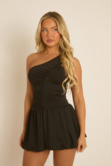 Black Ruched Front One Shoulder Mini Dress - Yvonne
