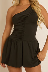 Black Ruched Front One Shoulder Mini Dress - Yvonne