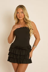 Black Eyelet Detail Frill Hem Mini Dress - Celinda