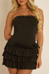 Black Eyelet Detail Frill Hem Mini Dress - Celinda