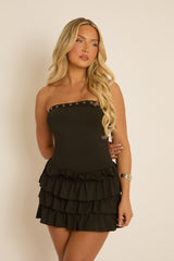 Black Eyelet Detail Frill Hem Mini Dress - Celinda