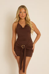 Chocolate Cowl Tie Side Mini Dress - Adina