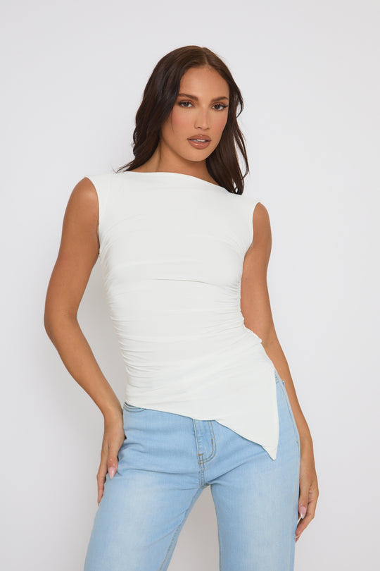 White Asymmetric Ruched Top - Chester