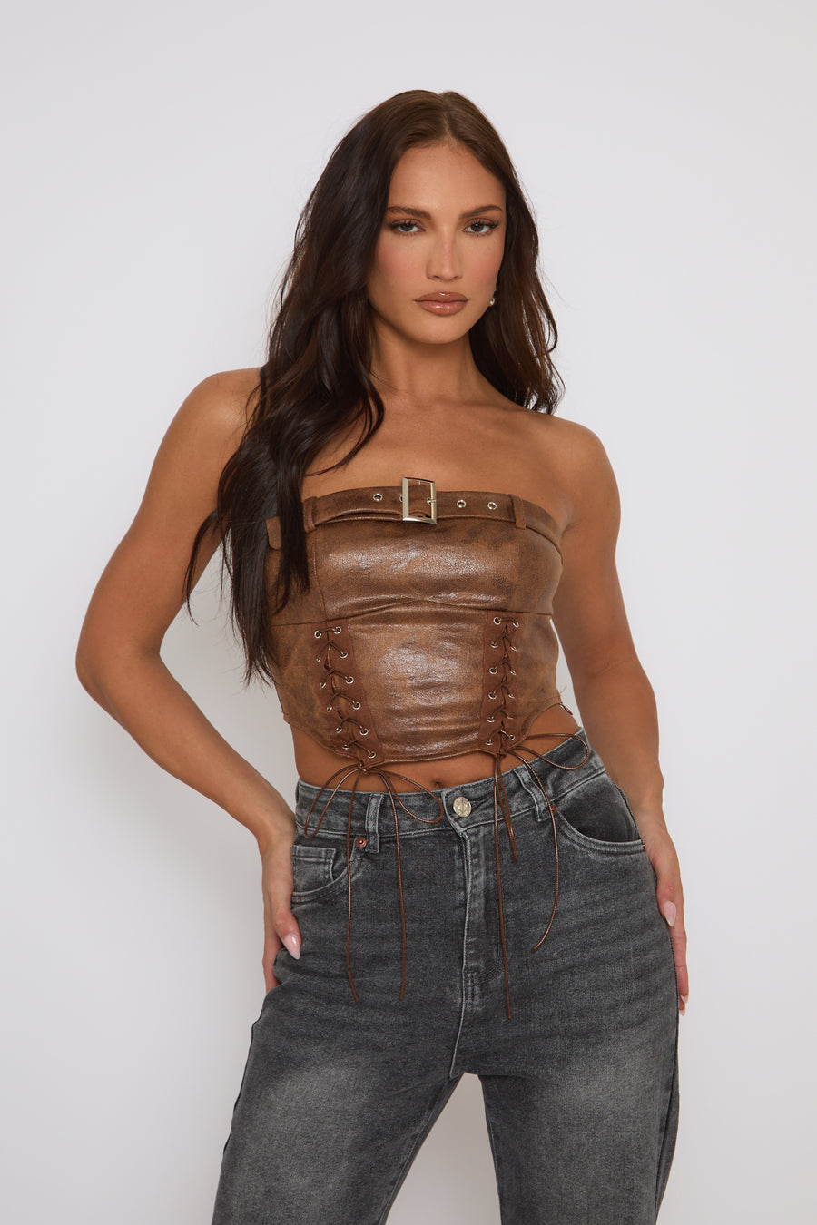Tan Faux Leather Lace Front Bandeau Top - Sarina