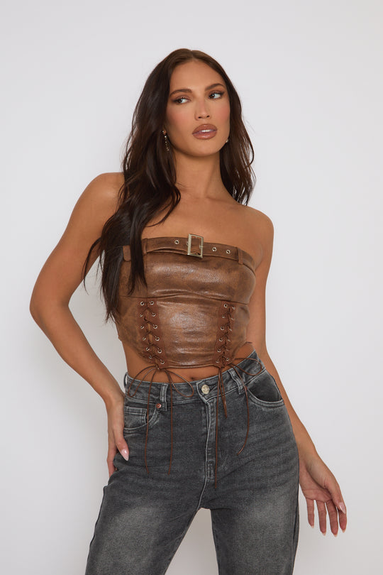 Tan Faux Leather Lace Front Bandeau Top - Sarina