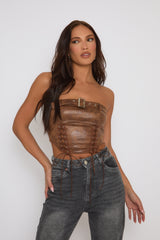 Tan Faux Leather Lace Front Bandeau Top - Sarina