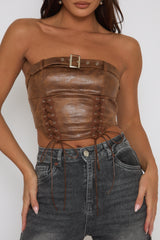 Tan Faux Leather Lace Front Bandeau Top - Sarina