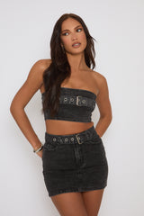 Charcoal Denim Bandeau Crop Top and Mini Skirt Co-Ord - Elianna