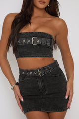 Charcoal Denim Bandeau Crop Top and Mini Skirt Co-Ord - Elianna