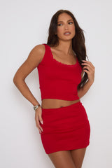 Red Lace Trim Jersey Top and Mini Skirt Co-Ord Set - Patience