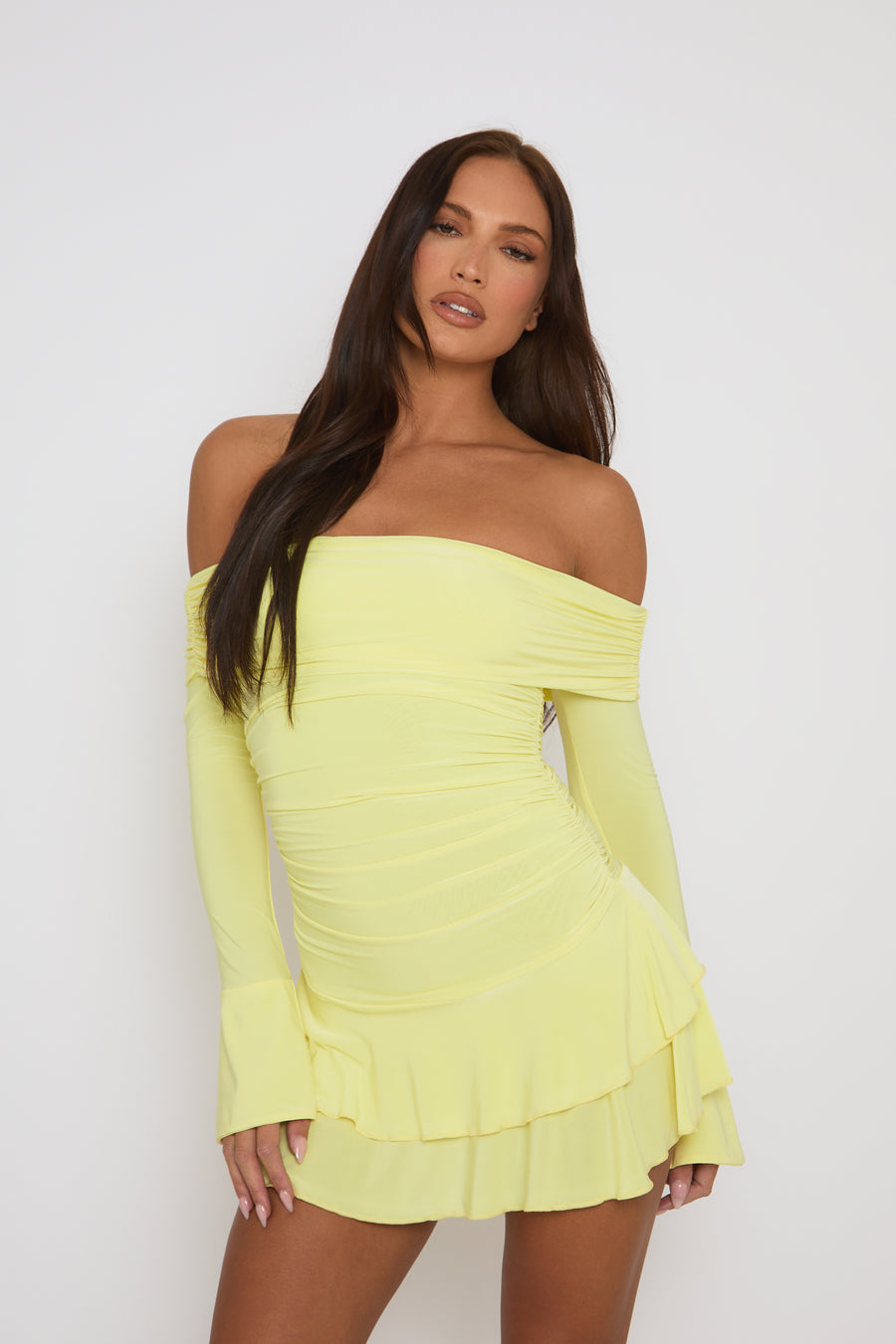Lemon Bardot Ruffle Frill Hem Mini Dress - Lotty