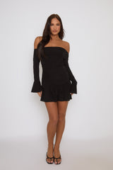 Black Bardot Ruffle Frill Hem Mini Dress - Lotty