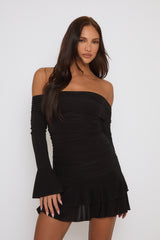 Black Bardot Ruffle Frill Hem Mini Dress - Lotty