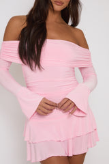 Pink Bardot Ruffle Frill Hem Mini Dress - Lotty