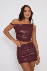 Burgundy Faux Leather Off Shoulder Crop Top and Mini Skirt Co-ord - Moira