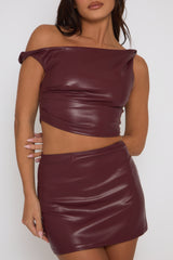 Burgundy Faux Leather Off Shoulder Crop Top and Mini Skirt Co-ord - Moira