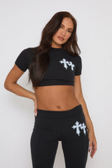 Black Cross Cropped Tshirt and Flare Co-ord Set - Sharleen