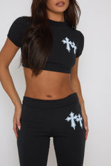 Black Cross Cropped Tshirt and Flare Co-ord Set - Sharleen