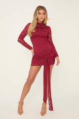 Burgundy Lace High Neck Tie Front Mini Dress - Tianne