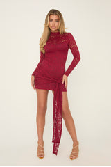 Burgundy Lace High Neck Tie Front Mini Dress - Tianne