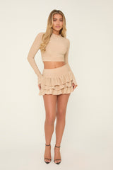 Beige Metallic Lurex High Neck Cropped Top & Mini Skirt Co-ord Set - Felipa