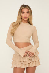 Beige Metallic Lurex High Neck Cropped Top & Mini Skirt Co-ord Set - Felipa