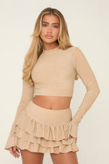 Beige Metallic Lurex High Neck Cropped Top & Mini Skirt Co-ord Set - Felipa