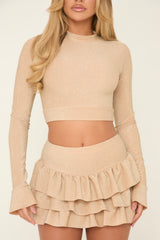 Beige Metallic Lurex High Neck Cropped Top & Mini Skirt Co-ord Set - Felipa
