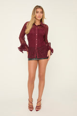 Burgundy Lace Frill Long Sleeves Button Up Shirt - Athena