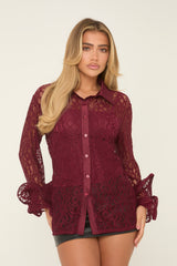 Burgundy Lace Frill Long Sleeves Button Up Shirt - Athena