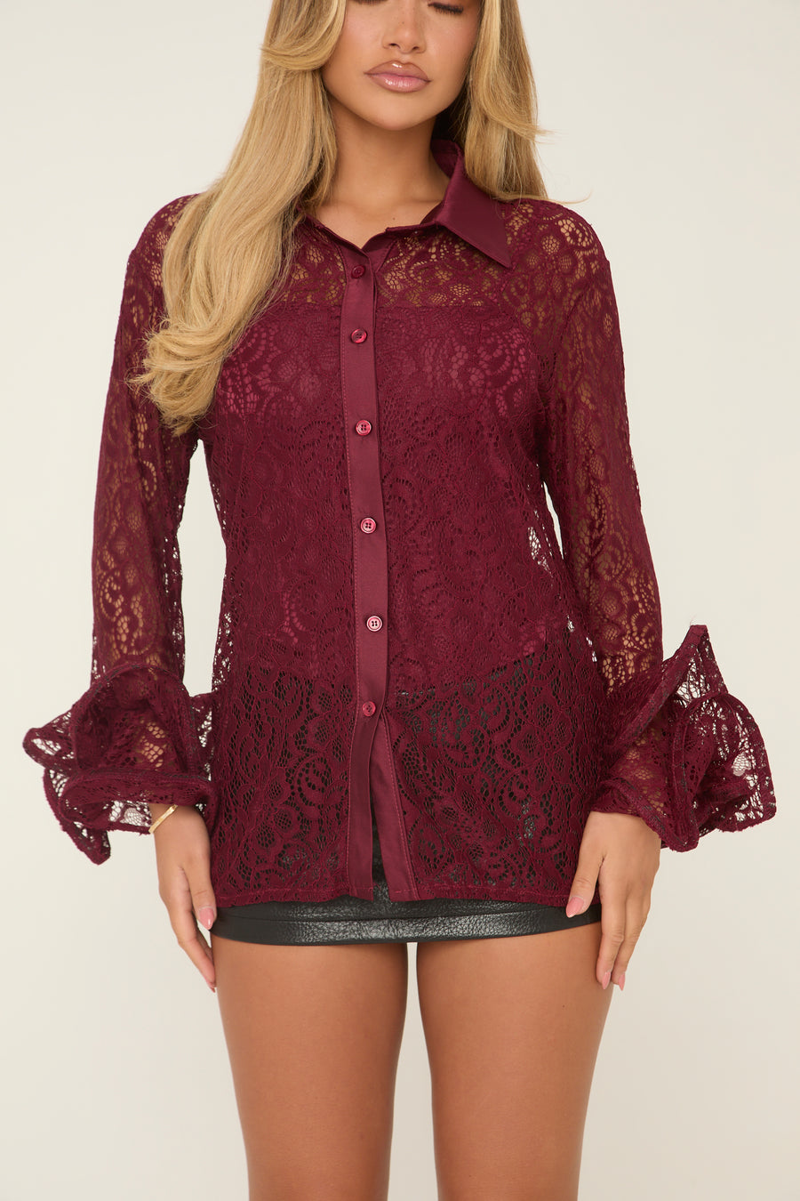 Burgundy Lace Frill Long Sleeves Button Up Shirt - Athena