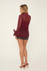 Burgundy Lace Frill Long Sleeves Button Up Shirt - Athena