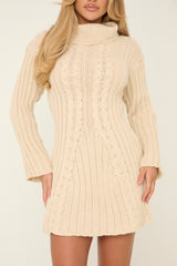 Beige Knitted Roll Neck Mini Jumper Dress - Daisy
