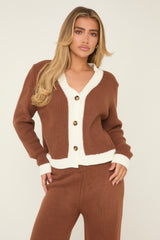 Brown Knit Contrast Button Up Front Cardigan & Straight Leg Trousers Co-ord Set -  Eileen