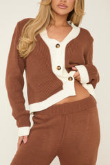 Brown Knit Contrast Button Up Front Cardigan & Straight Leg Trousers Co-ord Set -  Eileen