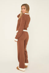 Brown Knit Contrast Button Up Front Cardigan & Straight Leg Trousers Co-ord Set -  Eileen